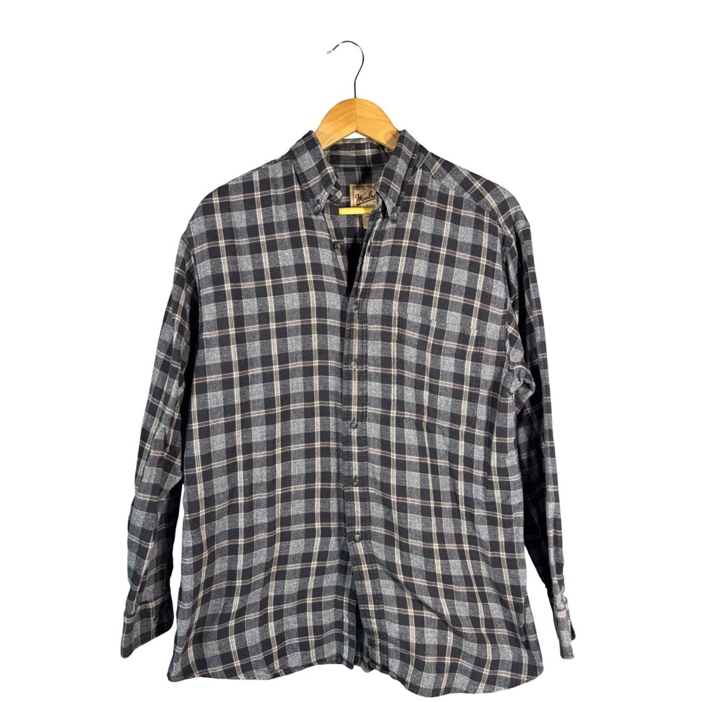 Woolrich Mens Medium Plaid Flannel Shirt Grey Black Cotton Button‎ Down